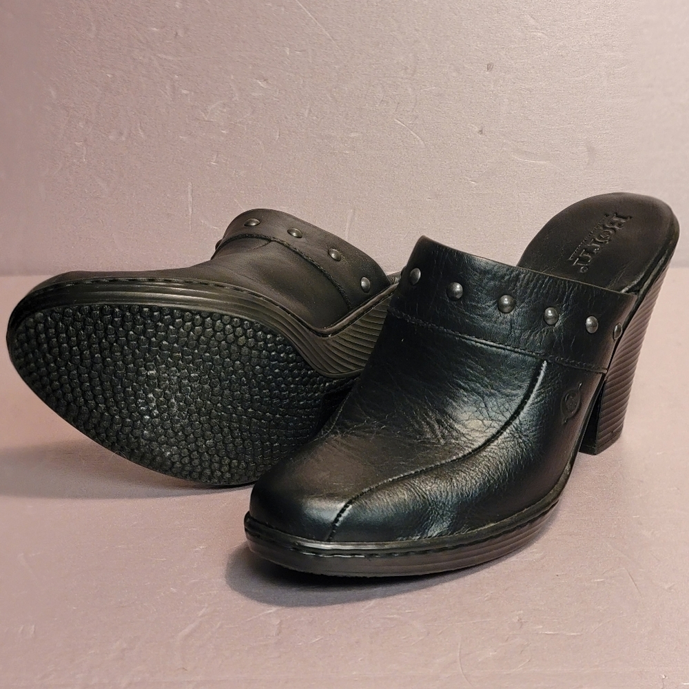 BORN WOMENS 8M Black Leather Clogs - Picture 2 of 7